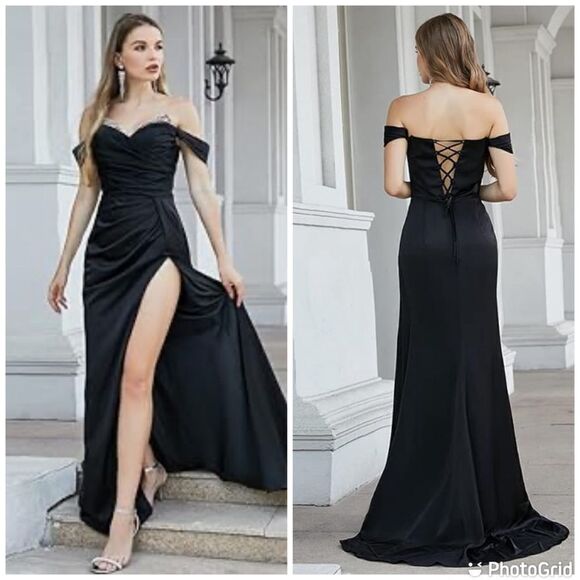 New Sexy Black Satin Off The Shoulder Pleated Long Prom Formal Dress - Picture 2 of 16